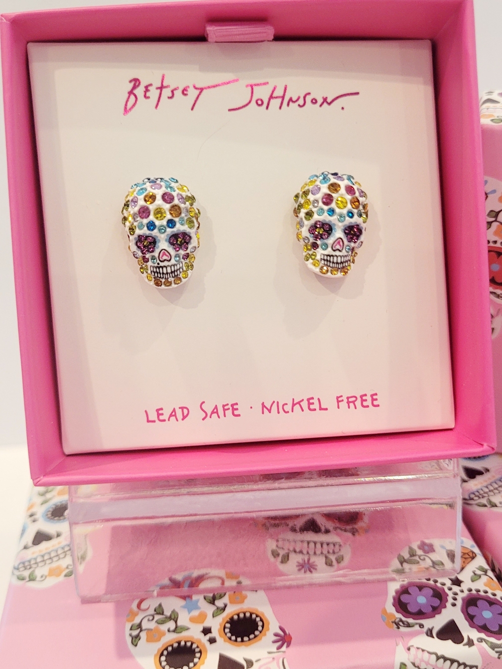 Betsey Johnson Multicolor Rhinestone Sugar Skull Stud Earrings